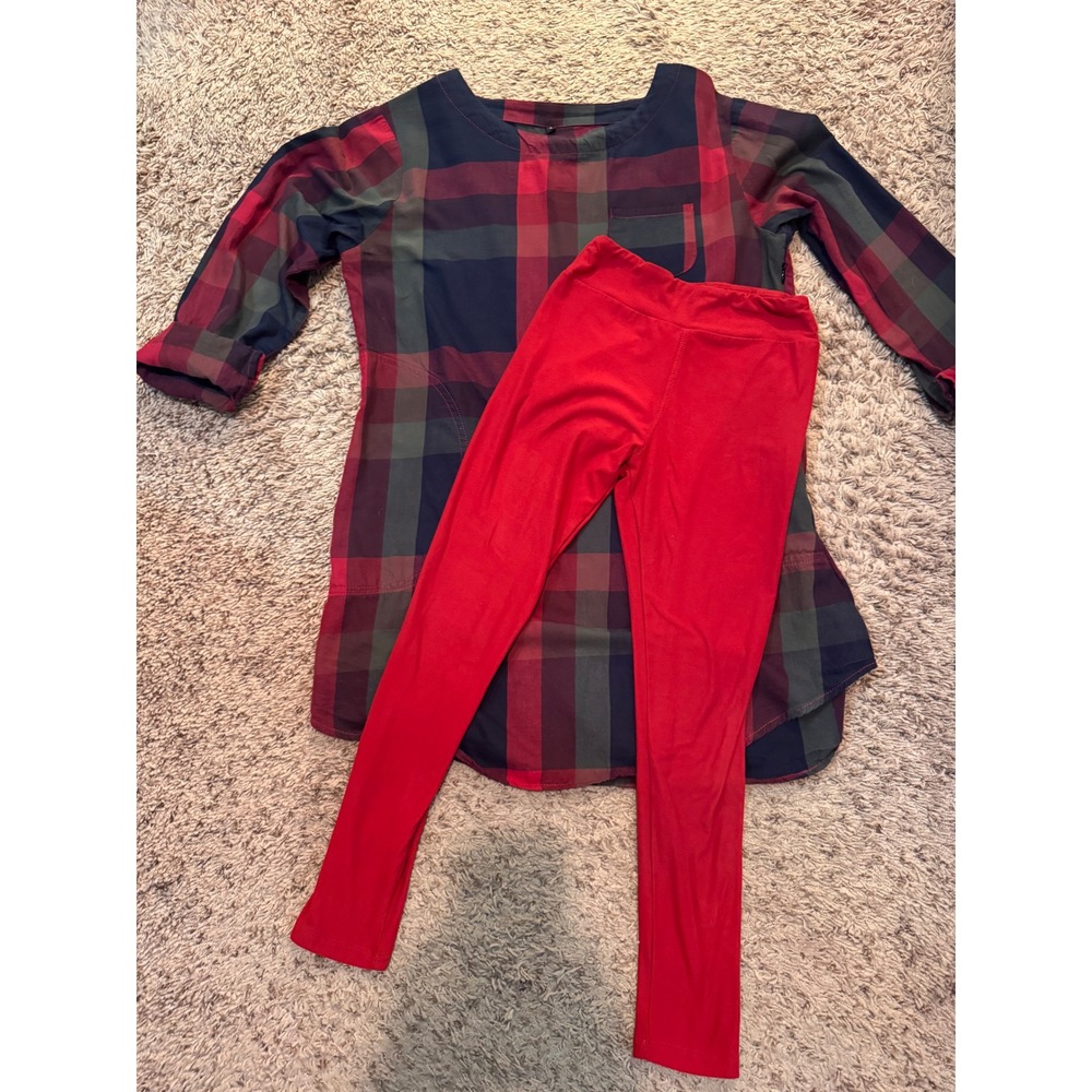 Women's Small Plaid Tunic Top & LuLaRoe Tween Red Leggings Fall Outfit Bundle